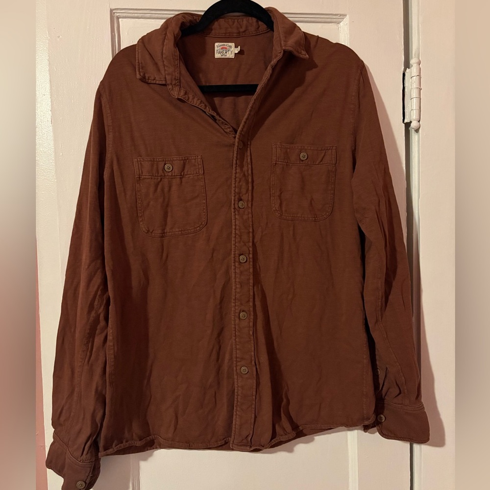 Faherty Organic Cotton Button Up Shirt Brown Long Sleeve Button Down Size Large